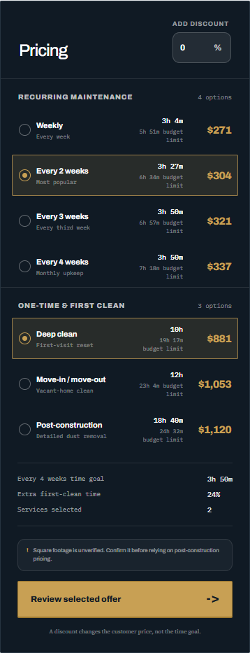 Price Every Clean mobile results showing seven prices and labor goals from one property inventory